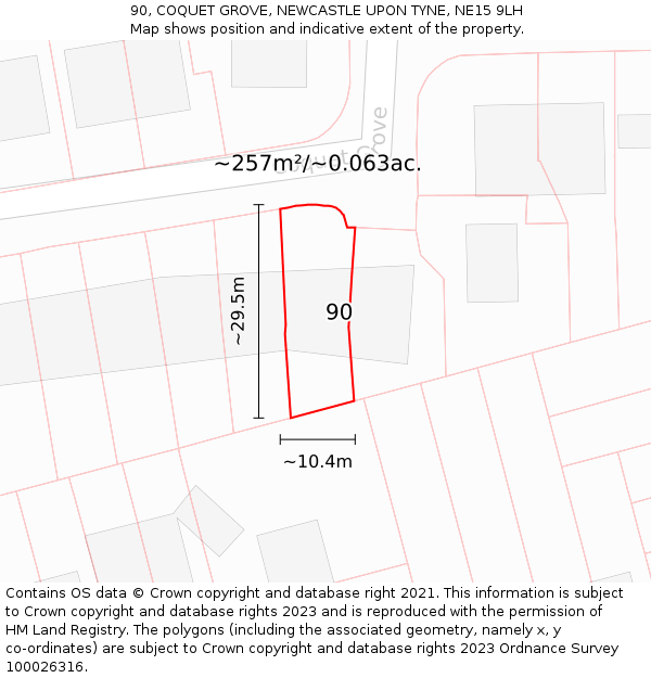 90, COQUET GROVE, NEWCASTLE UPON TYNE, NE15 9LH: Plot and title map