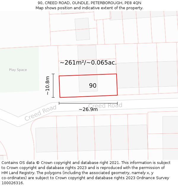 90, CREED ROAD, OUNDLE, PETERBOROUGH, PE8 4QN: Plot and title map