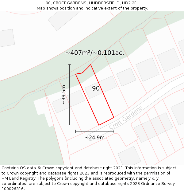 90, CROFT GARDENS, HUDDERSFIELD, HD2 2FL: Plot and title map
