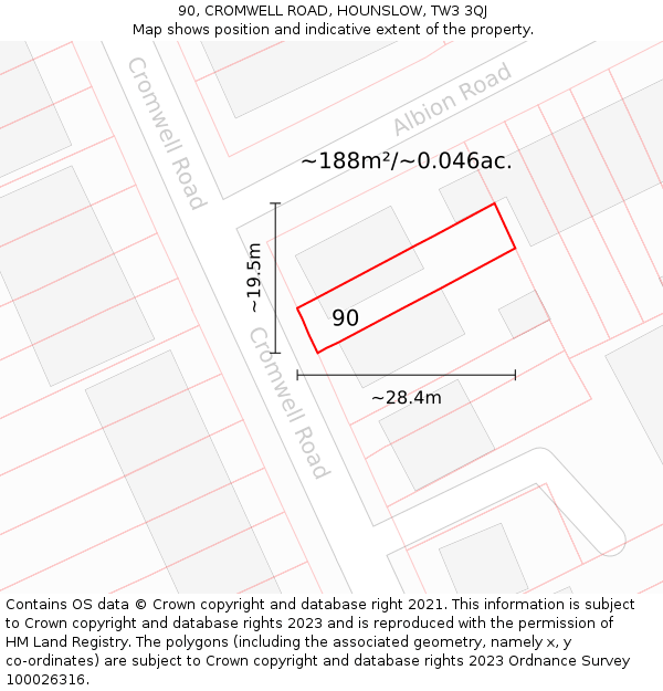 90, CROMWELL ROAD, HOUNSLOW, TW3 3QJ: Plot and title map