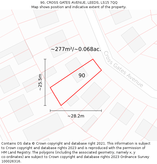 90, CROSS GATES AVENUE, LEEDS, LS15 7QQ: Plot and title map