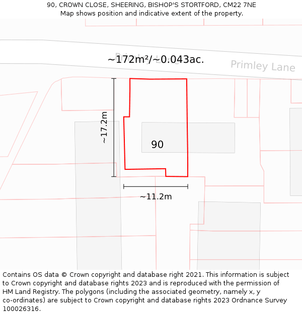90, CROWN CLOSE, SHEERING, BISHOP'S STORTFORD, CM22 7NE: Plot and title map