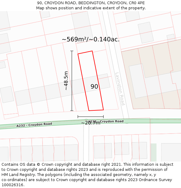 90, CROYDON ROAD, BEDDINGTON, CROYDON, CR0 4PE: Plot and title map