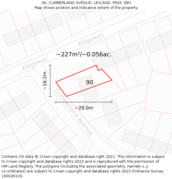 90, CUMBERLAND AVENUE, LEYLAND, PR25 1BH: Plot and title map