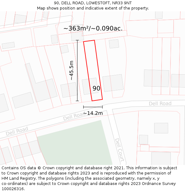 90, DELL ROAD, LOWESTOFT, NR33 9NT: Plot and title map