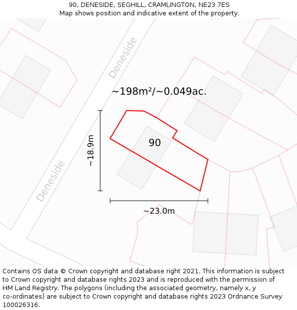 90, DENESIDE, SEGHILL, CRAMLINGTON, NE23 7ES: Plot and title map
