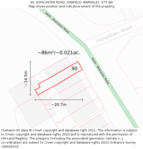 90, DONCASTER ROAD, DARFIELD, BARNSLEY, S73 9JA: Plot and title map