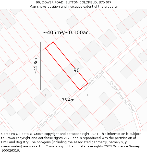 90, DOWER ROAD, SUTTON COLDFIELD, B75 6TP: Plot and title map
