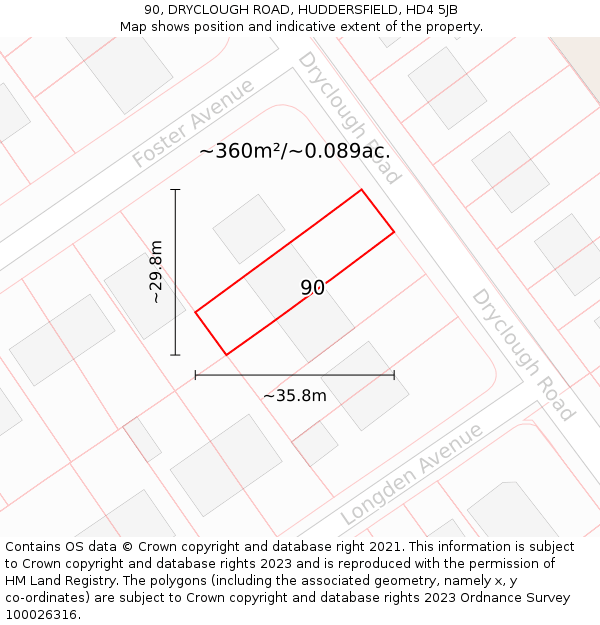 90, DRYCLOUGH ROAD, HUDDERSFIELD, HD4 5JB: Plot and title map
