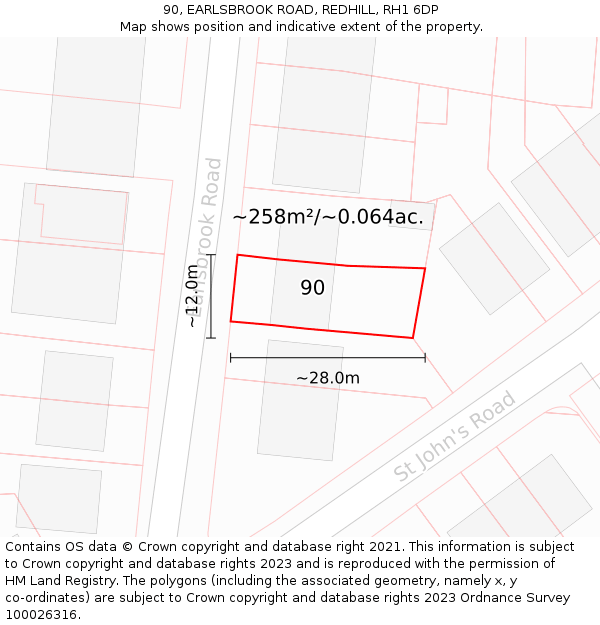 90, EARLSBROOK ROAD, REDHILL, RH1 6DP: Plot and title map