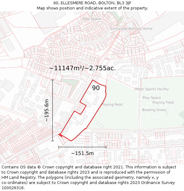 90, ELLESMERE ROAD, BOLTON, BL3 3JP: Plot and title map
