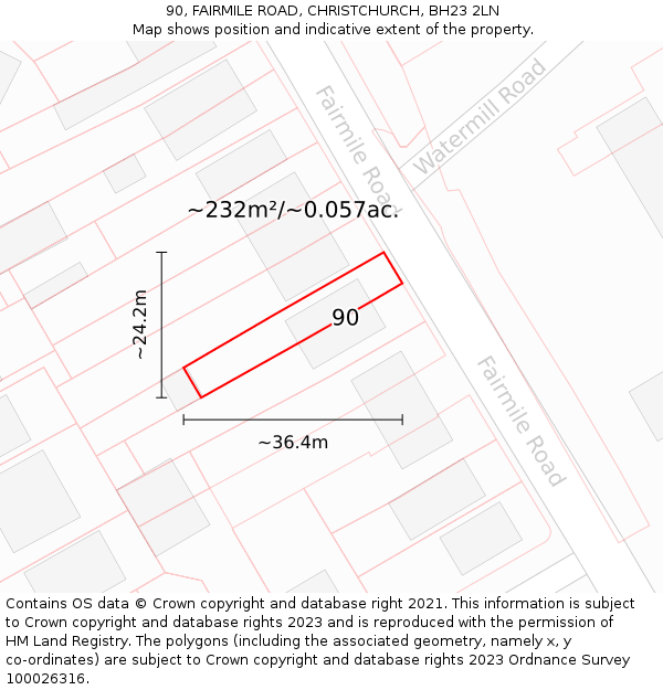 90, FAIRMILE ROAD, CHRISTCHURCH, BH23 2LN: Plot and title map
