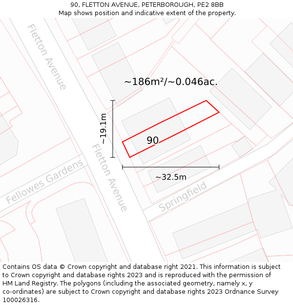90, FLETTON AVENUE, PETERBOROUGH, PE2 8BB: Plot and title map