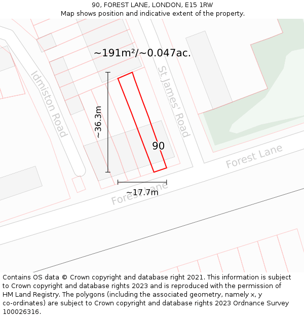 90, FOREST LANE, LONDON, E15 1RW: Plot and title map