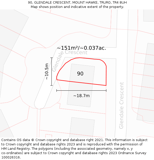 90, GLENDALE CRESCENT, MOUNT HAWKE, TRURO, TR4 8UH: Plot and title map