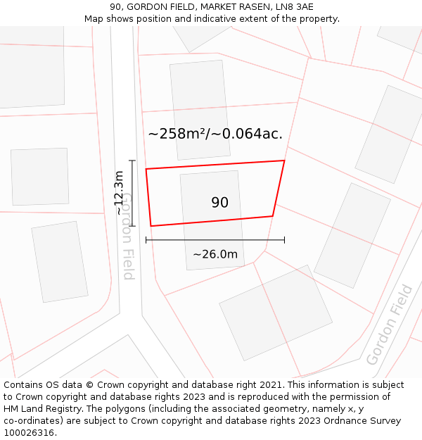 90, GORDON FIELD, MARKET RASEN, LN8 3AE: Plot and title map