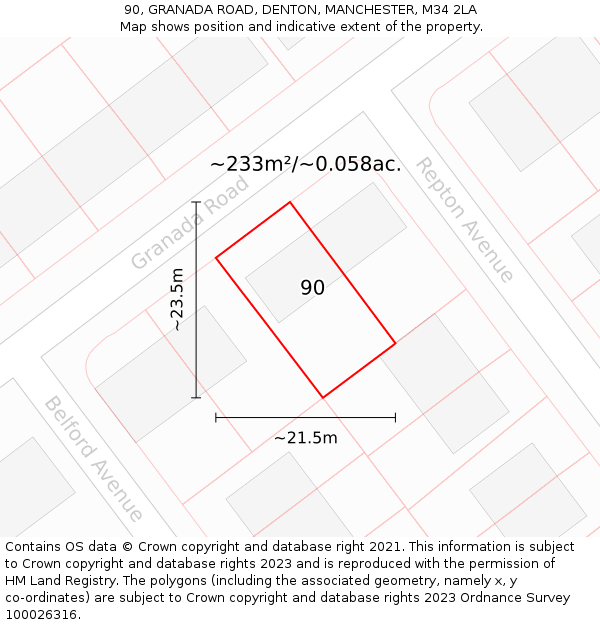 90, GRANADA ROAD, DENTON, MANCHESTER, M34 2LA: Plot and title map