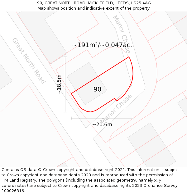 90, GREAT NORTH ROAD, MICKLEFIELD, LEEDS, LS25 4AG: Plot and title map