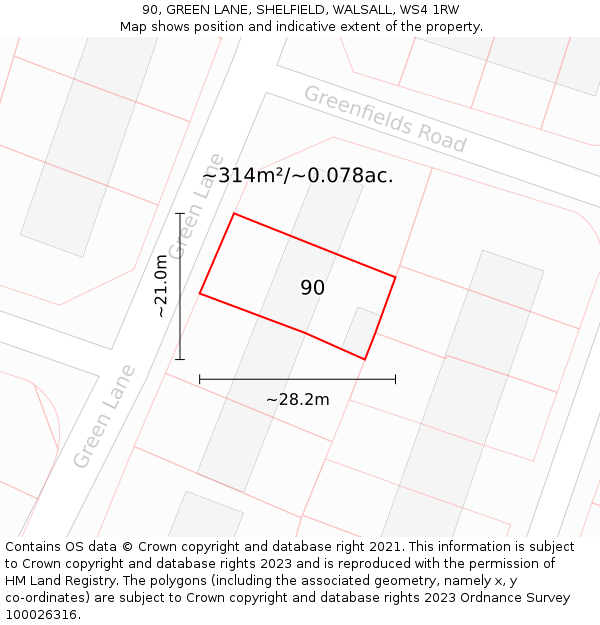 90, GREEN LANE, SHELFIELD, WALSALL, WS4 1RW: Plot and title map