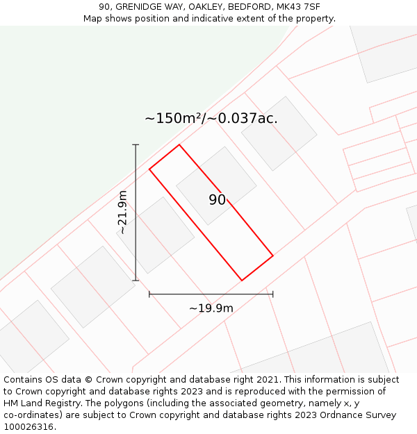 90, GRENIDGE WAY, OAKLEY, BEDFORD, MK43 7SF: Plot and title map