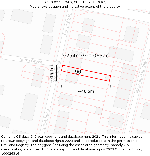 90, GROVE ROAD, CHERTSEY, KT16 9DJ: Plot and title map
