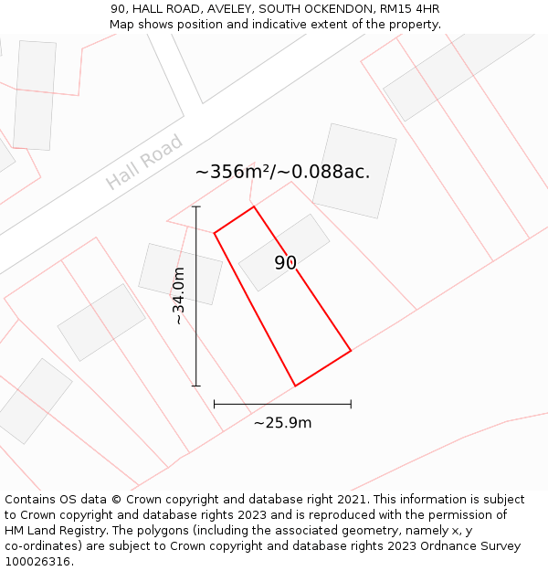 90, HALL ROAD, AVELEY, SOUTH OCKENDON, RM15 4HR: Plot and title map