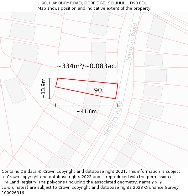90, HANBURY ROAD, DORRIDGE, SOLIHULL, B93 8DL: Plot and title map