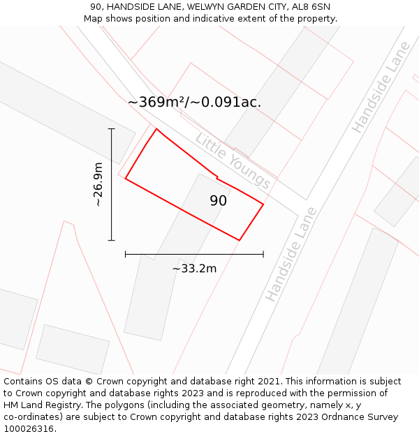 90, HANDSIDE LANE, WELWYN GARDEN CITY, AL8 6SN: Plot and title map