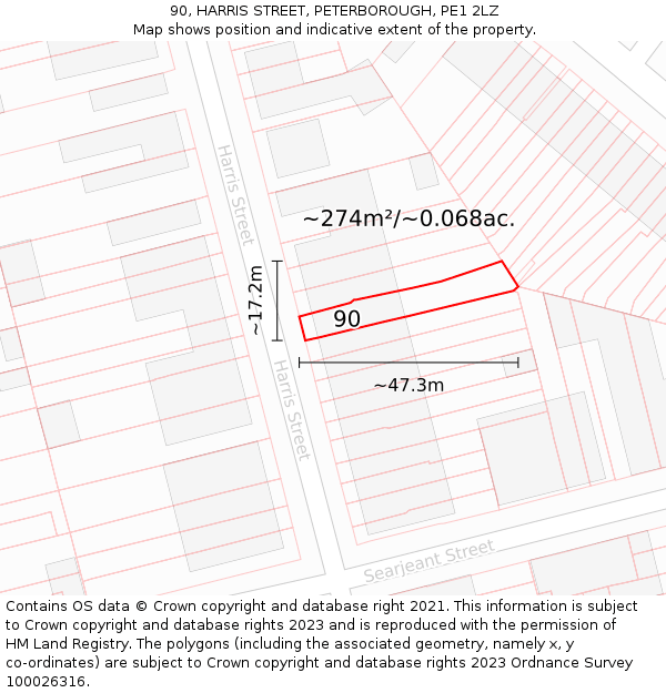 90, HARRIS STREET, PETERBOROUGH, PE1 2LZ: Plot and title map