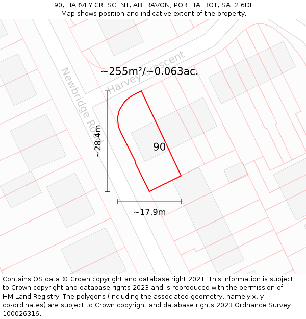 90, HARVEY CRESCENT, ABERAVON, PORT TALBOT, SA12 6DF: Plot and title map