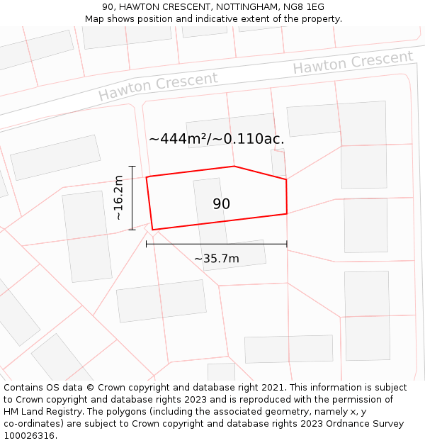 90, HAWTON CRESCENT, NOTTINGHAM, NG8 1EG: Plot and title map