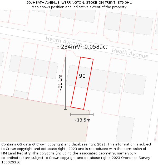 90, HEATH AVENUE, WERRINGTON, STOKE-ON-TRENT, ST9 0HU: Plot and title map