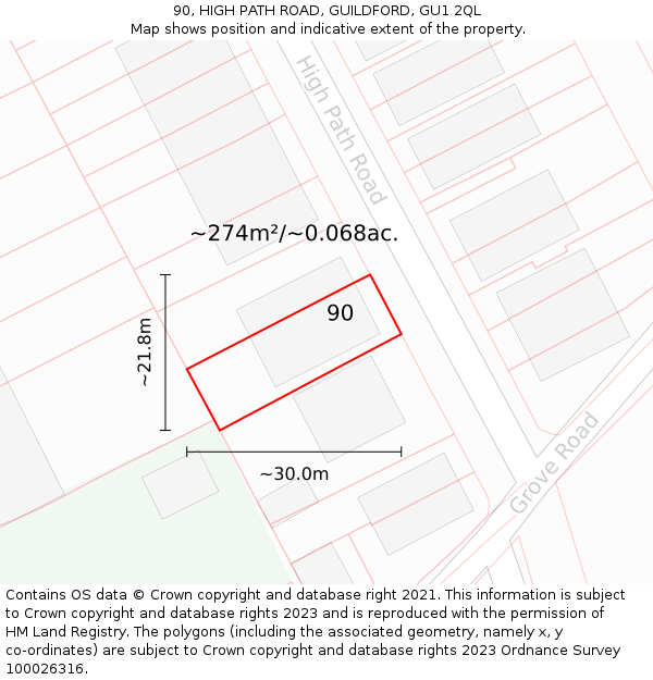 90, HIGH PATH ROAD, GUILDFORD, GU1 2QL: Plot and title map
