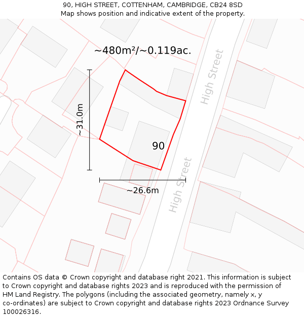 90, HIGH STREET, COTTENHAM, CAMBRIDGE, CB24 8SD: Plot and title map
