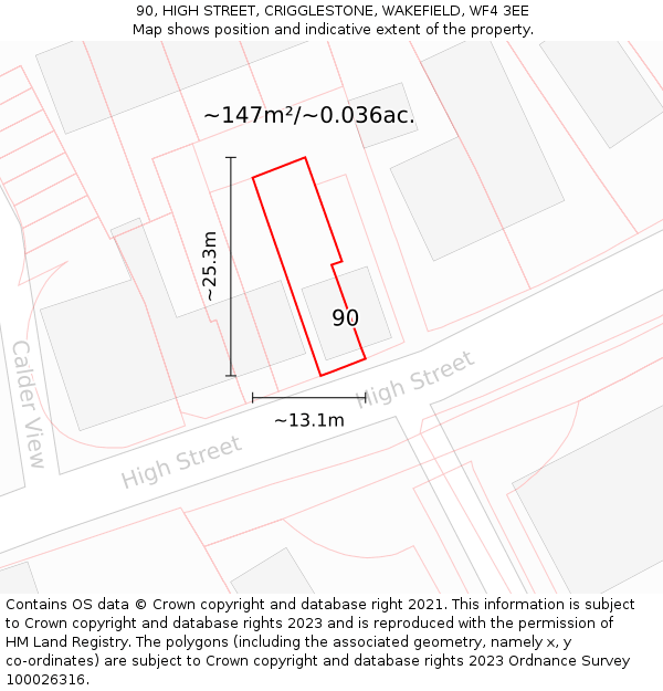 90, HIGH STREET, CRIGGLESTONE, WAKEFIELD, WF4 3EE: Plot and title map
