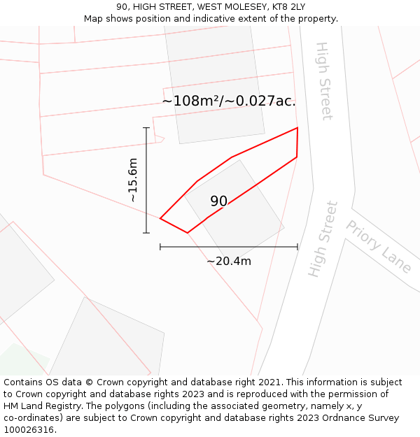 90, HIGH STREET, WEST MOLESEY, KT8 2LY: Plot and title map