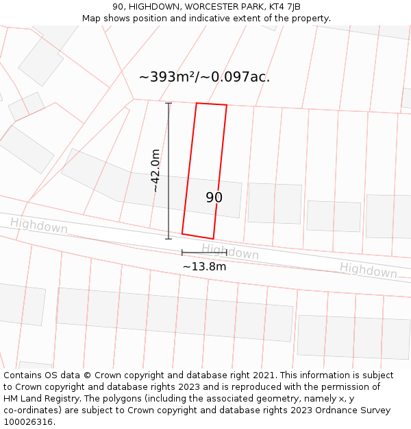 90, HIGHDOWN, WORCESTER PARK, KT4 7JB: Plot and title map