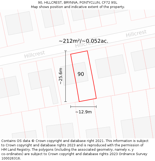 90, HILLCREST, BRYNNA, PONTYCLUN, CF72 9SL: Plot and title map