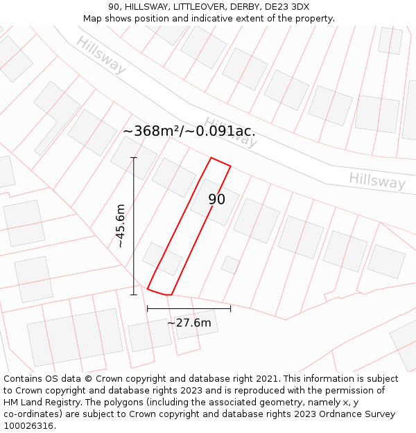 90, HILLSWAY, LITTLEOVER, DERBY, DE23 3DX: Plot and title map