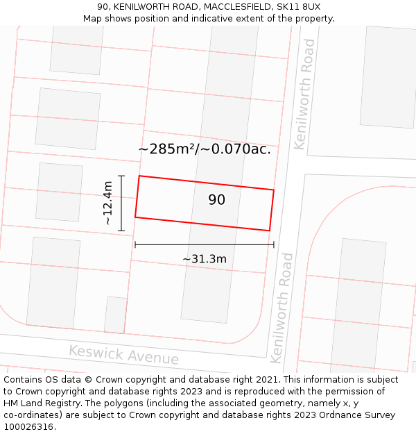 90, KENILWORTH ROAD, MACCLESFIELD, SK11 8UX: Plot and title map