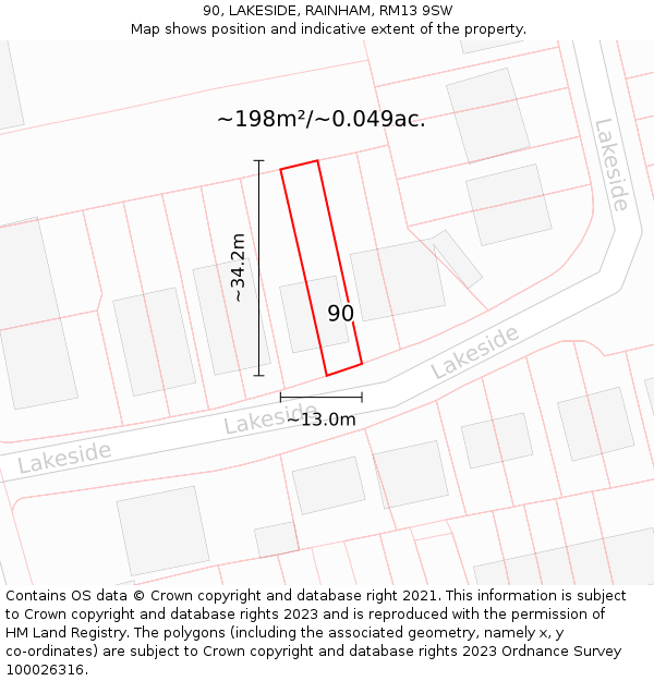 90, LAKESIDE, RAINHAM, RM13 9SW: Plot and title map
