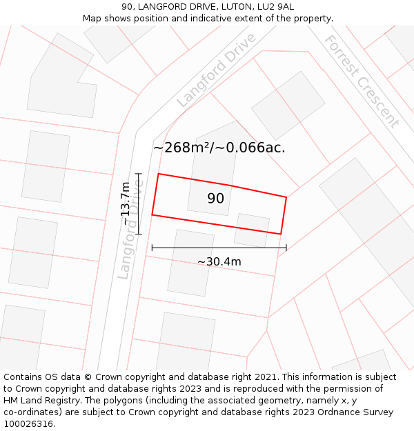 90, LANGFORD DRIVE, LUTON, LU2 9AL: Plot and title map