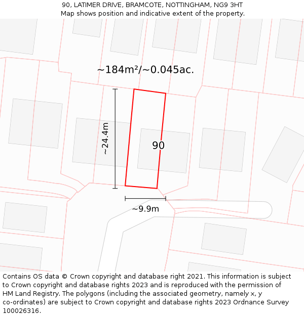 90, LATIMER DRIVE, BRAMCOTE, NOTTINGHAM, NG9 3HT: Plot and title map