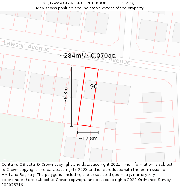 90, LAWSON AVENUE, PETERBOROUGH, PE2 8QD: Plot and title map