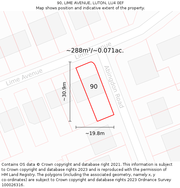 90, LIME AVENUE, LUTON, LU4 0EF: Plot and title map