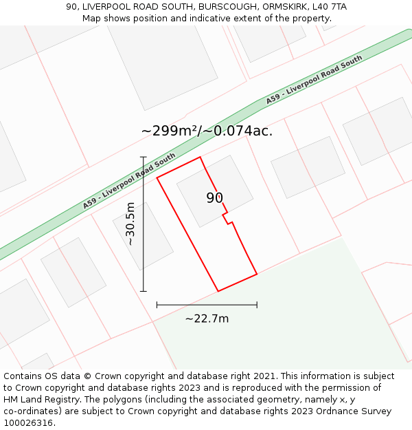 90, LIVERPOOL ROAD SOUTH, BURSCOUGH, ORMSKIRK, L40 7TA: Plot and title map