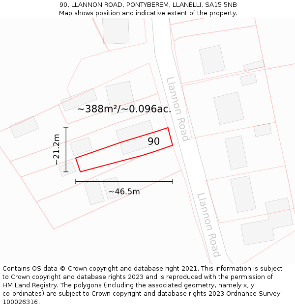 90, LLANNON ROAD, PONTYBEREM, LLANELLI, SA15 5NB: Plot and title map