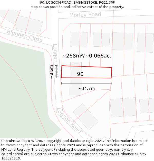 90, LOGGON ROAD, BASINGSTOKE, RG21 3PF: Plot and title map