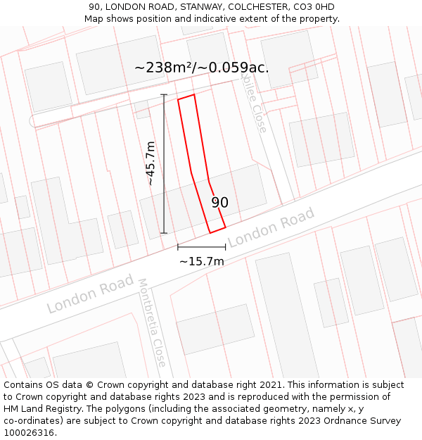90, LONDON ROAD, STANWAY, COLCHESTER, CO3 0HD: Plot and title map