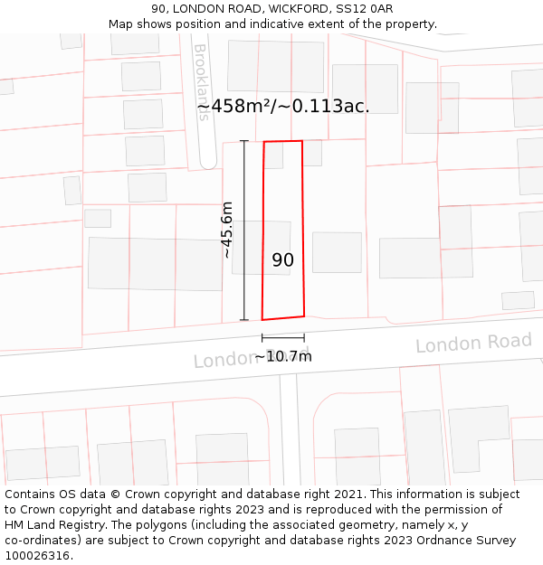 90, LONDON ROAD, WICKFORD, SS12 0AR: Plot and title map